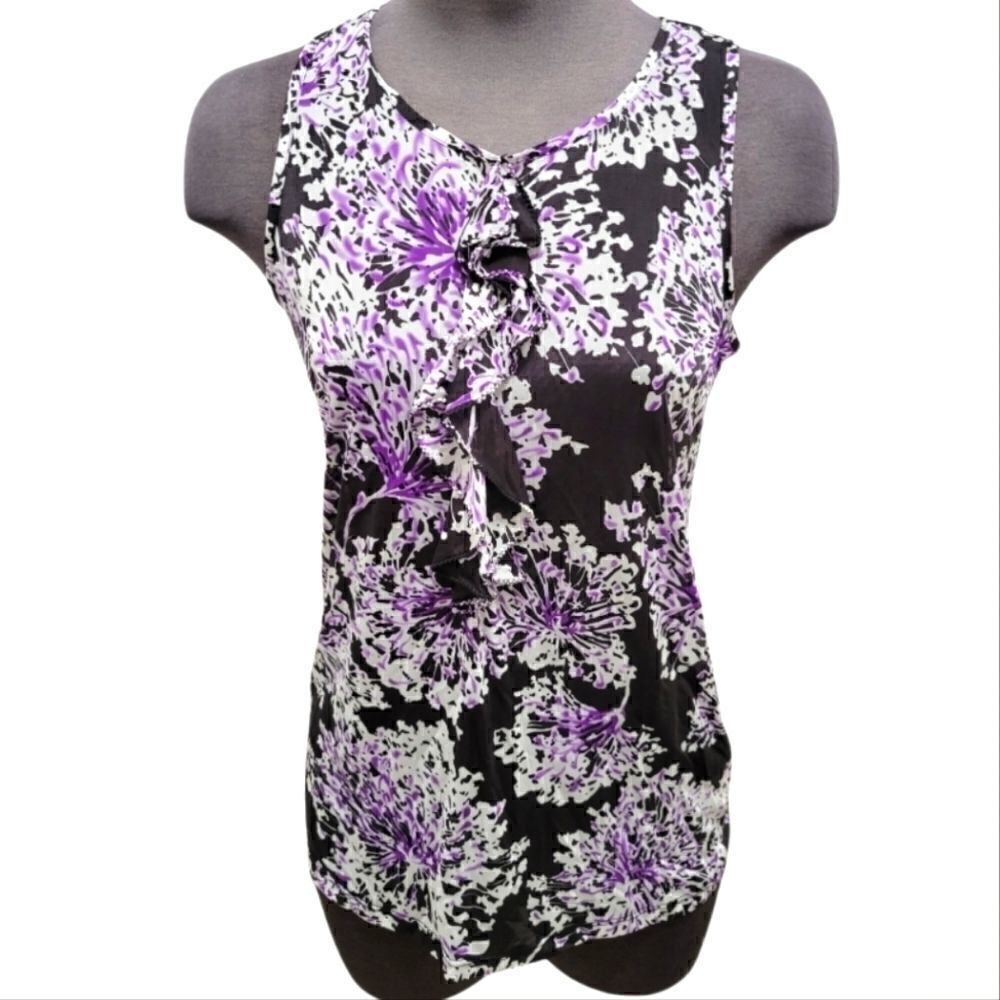 NWT BOSS HUGO BOSS SHEER SLEEVELESS FLORAL BLOUSE W/A HORIZONTAL RUFFLE …
